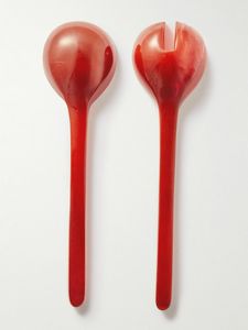 Ensemble de service à salade en résine, motif marbré blanc crème, cuillère et fourchette à long manche, poignée texturée ivoire, ustensile de cuisine et de table - Product Image 4