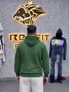 Sudadera con capucha extragrande verde estilo francés para hombre, con cremallera, estampado de diamantes de imitación, mezcla de algodón, estilo urbano, estilo otoñal - Product Image 2