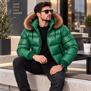 Men's Luxury Puffer Leather Jacket With Detachable <b>Fox</b> <b>Fur</b> Hood | Piumino Lucido Uomo | Chaqueta Brillante | Doudoune Brillante - Product Image 6