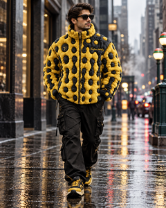 Veste matelassée en fausse fourrure Thorfinn Industry pour homme, motif à pois noir et jaune, logo brodé, manteau streetwear d'hiver, prix avantageux - Product Image 1
