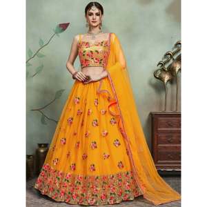Yellow Thread Embroidered <b>Net</b> Haldi Wear Plus Size Lehenga Choli for Women - Product Image 1