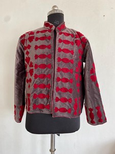 Bohemian Luxury <b>Velvet</b> <b>Jacket</b> with Bold Red Suzani Embroidery Handmade Full Sleeve <b>Women's</b> Outerwear - Product Image 1