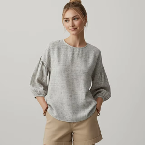 Women's Casual Linen Short Shirt with <b>Balloon</b> Sleeves Spring Summer Washable Simple Design - Product Image 3