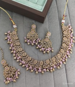 Designer Round Stone Necklace With Matching Earring And Mangtika Antique Gold Plated Traditional Ethnic Wear <b>Jewellery</b> For Women - Product Image 2