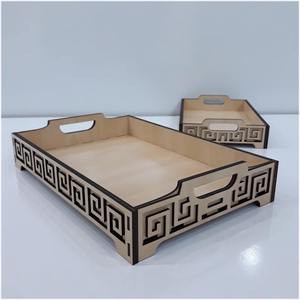 Plateau de service rond moderne de luxe en MDF laqué beige avec imprimé floral botanique, finition brillante blanche, décoration artisanale en bois pour la maison - Product Image 5