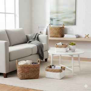 Ensemble de 4 paniers blancs naturels en écorce de bananier, artisanat en plastique recyclé - Product Image 6