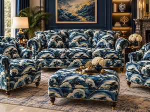 Tissu d'ameublement tissé léger et respirant PRANIKA INTERNATIONAL à motif marin personnalisé, bleu et or, design vie marine pour canapé - Product Image 2