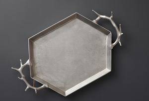 Plateau de service hexagonal en aluminium moulé, directement de l'usine, avec poignées en forme de bois de cerf, pour la présentation des aliments dans les restaurants. - Product Image 3