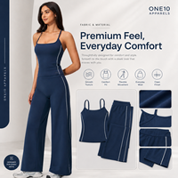 Ensemble de sport deux pièces premium pour femme, col carré, dos nageur, pantalon large, bleu marine uni, coupe courte et ample, séchage rapide