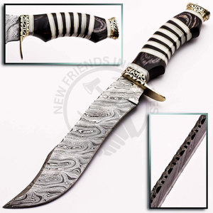 Couteau Bowie en acier Damas forgé à la main, couteau à lame fixe de collection, couteau de chasse et de camping en plein air, manche en bois et en os - Product Image 4