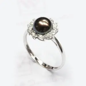 奢华18k纯白金圆形灰色淡水珍珠钻石戒指