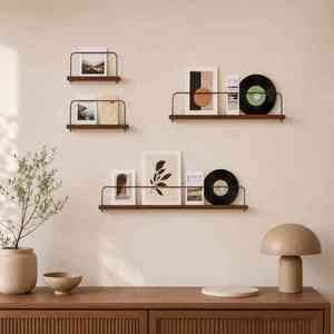 Étagères murales en bois massif avec support en acier pour photos d'enfants, photos polaroid et cartes postales (lot de 4, marron) - Product Image 2
