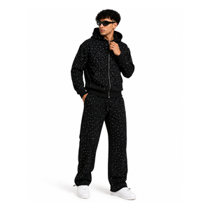 Custom Rhinestone Tracksuit Set Zip Up Hoodie Wide Leg Sweatpants Streetwear Style Sparkle Embellished Casual Matching Apparel - Product Image 3
