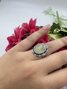 Natural Prehnite Oval Silver Plated <b>Statement</b> <b>Ring</b> Handmade Vintage Floral Gemstone <b>Ring</b> for Women - Product Image 6