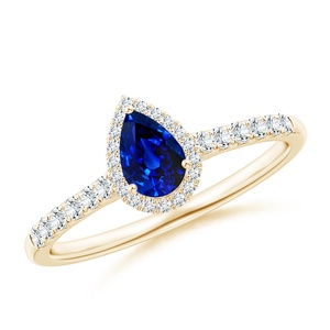 Elegant 14K Gold 0.44ct Pear Cut Blue Sapphire Halo Ring Pave Setting Certified Diamond Band Custom Fine Jewelry Engagement Ring - Product Image 1