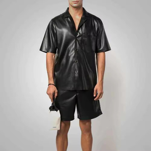 Custom <b>Men</b>’s PU Leather Jacket Black Short Sleeve Button Down OEM Wholesale Supplier - Product Image 5