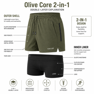 Men's Olive Green Double <b>Layer</b> Sport Shorts With Drawstring Waist And Side Pockets Quick Dry Fabric Custom Logo Front - Product Image 2