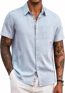 Camisa de Lino de Verano para Hombre con Logotipo Personalizado, Manga Corta, Cuello con Solapa, Lisa y Estampada, Estilo Hawaiano a Rayas, con Botones Ocultos, para la Playa - Product Image 6