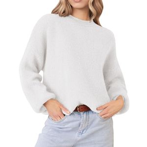 Custom Taupe Women Oversized Sweaters High Quality Soft <b>Acrylic</b> Cable Texture Balloon Sleeve Warm Mock Neck Jumpers - Product Image 5