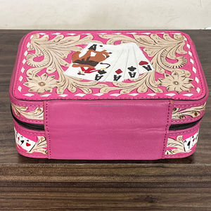 Elegant Low Price Handcrafted Floral <b>Pink</b> Leather Makeup organizer Jewelry Case Genuine Leather Poker Card Travel Jewelry <b>Box</b> - Product Image 5
