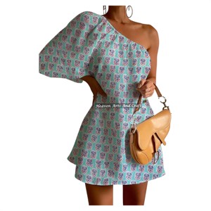 Robe asymétrique en coton pour femme, à manches bouffantes, imprimée à la main, sexy, pour la nuit, été, automne, printemps, style décontracté, très vendue - Product Image 3