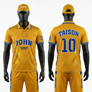 Premium 180 GSM polyester <b>cricket</b> uniform breathable yellow blue panel design sublimation print custom logo men team wear - Product Image 1