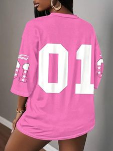 Camiseta deportiva rosa para mujer, con número 01 personalizado y bordado, cuello en V, corte holgado, manga corta - Product Image 3