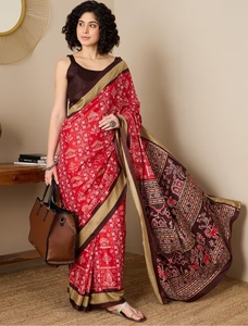 KV Women's Silk Blend <b>Red</b> Printed <b>Saree</b> With Unstitched Blouse - Product Image 1