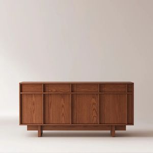 Aparador Brutalista Japandi de Teca con 4 Puertas sin Tiradores, Consola para Sala de Estar, Mueble de Almacenamiento - Product Image 1