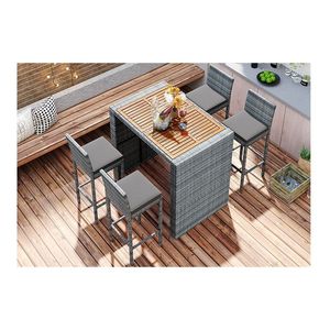 Set da Bar da Esterno in Vimini a 5 Pezzi con Tavolo in Legno di Acacia Antiscivolo e Sedie Alte da Bar con Cuscini Rimovibili in Corda - Product Image 5