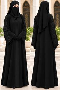 Robe Abaya en polyester noir brodée avec un ensemble niqab et hijab, manches longues, col haut, vêtements de mariage modestes pour femmes musulmanes - Product Image 4