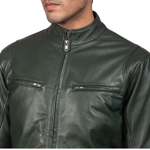 Green Coated Genuine Leather <b>Jacket</b> with Stand Collar Custom Design Pure Real Leather Autumn Fashion Plus Size Men's Zipper - Product Image 6