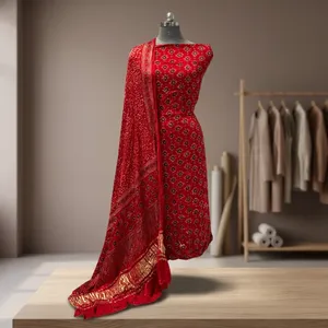 Conjunto de traje de algodón y seda sin coser para mujer Raktika, estampado Jaal Ajrakh - Product Image 6