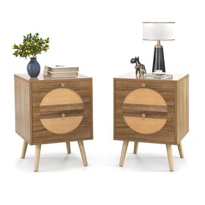 Set di 2 Comodini in Legno di Pino Naturale, Capacità 88 Libbre, 54.61x40.64x55.88 cm, Stile Bohémien con 2 Cassetti, Arredamento Camera da Letto - Product Image 1