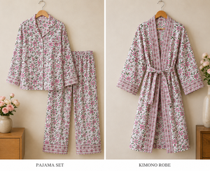 Conjunto de Pijama y Bata Kimono a Juego para Mujer, 100% Algodón, Estampado a Mano, Floral Rosa, Ropa de Dormir, Ropa de Estar por Casa, Set de Regalo - Product Image 3