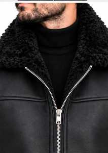 <b>Men's</b> Black <b>Leather</b> Sherpa Lined Vest Zip fur turn down caller <b>Waistcoat</b> Windproof - Product Image 4