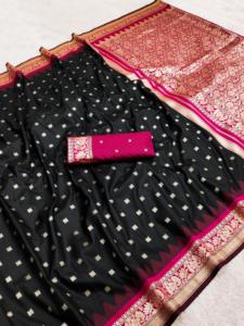 Sari Banarasi noir de qualité supérieure, bordure magenta, travail de tissage Zari doré, tenue de mariage traditionnelle pour femmes, matériaux recyclés - Product Image 6