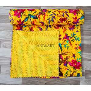 Couvre-lit Kantha indien fait main, 100% coton, imprimé à la main, motif floral, poids du tissu 220g, origine Rajasthan - Product Image 4