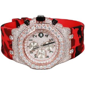 Reloj de Cuarzo para Hombre con Bisel de Diamantes, Cronógrafo Analógico, Correa de Camuflaje Roja y Cierre de Mariposa - Product Image 1