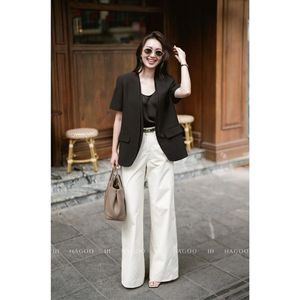 Women's HAGOO Solid Loose-Fitting Wool Blend Blazer Embroidery V-Neck Collar Pockets Short Sleeves Office Commute Outerwear - Product Image 6