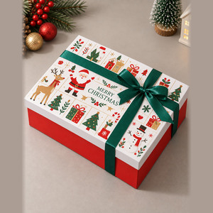 Custom Christmas <b>Lid</b> and Base <b>Gift</b> <b>Box</b> White Red Rigid Paperboard <b>with</b> Green Ribbon - Product Image 5