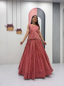 Pink Embroidered Silk Floor-Length Reversible Quick Dry Kurta <b>Lehenga</b> Set Sleeveless Choli Pleated <b>Skirt</b> for Wedding Diwali - Product Image 1