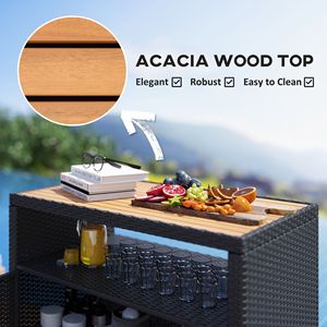 Armario de Almacenamiento Exterior Negro con Tapa de Madera de Acacia y Mesa de Bar de Mimbre, Estante de Dos Puertas para Guardar Toallas de Piscina - Product Image 6