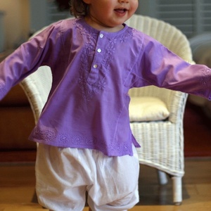 Beautiful Purple Summer Wear Short <b>Kaftan</b> Crafted By Soft Cotton Featuring With Beautiful Embroidery Long Sleeves & Front Button - Product Image 5