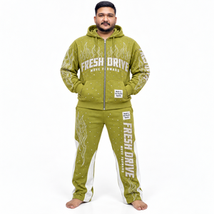 Embroidered Tracksuit Full Zip Fleece Jacket rhinestone Detail Straight Leg Bottoms mens Custom Logo Custom Label <b>Sweat</b> <b>Set</b> - Product Image 1