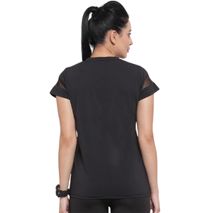 T-shirt de sport d'été pour femme en jersey noir, respirant, à manches courtes, avec dentelle et détails plissés, idéal pour la gym, l'entraînement, la course et le fitness - Product Image 2
