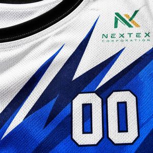 Ensemble de maillots de basket-ball sublimés personnalisés pour hommes, bleu et blanc, imprimé dynamique, uniforme en mesh, tenue d'équipe avec shorts, fabrication OEM - Product Image 3