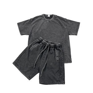 350gsm <b>Knitted</b> Acid Washed Streetwear Summer Custom Logo Unisex 100% Cotton Fashion T-Shirt and Shorts <b>Set</b> - Product Image 1