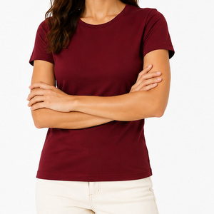 Camiseta de Cuello Redondo Color Granate para Mujer, Corte Ajustado, Manga Corta, Color Sólido, Ropa Casual, Transpirable y Cómoda - Product Image 3