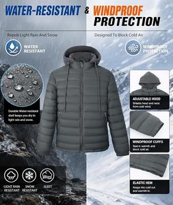 Veste d'hiver matelassée à capuche noire pour homme, fermeture éclair, doublure en polaire, coupe-vent - Product Image 4